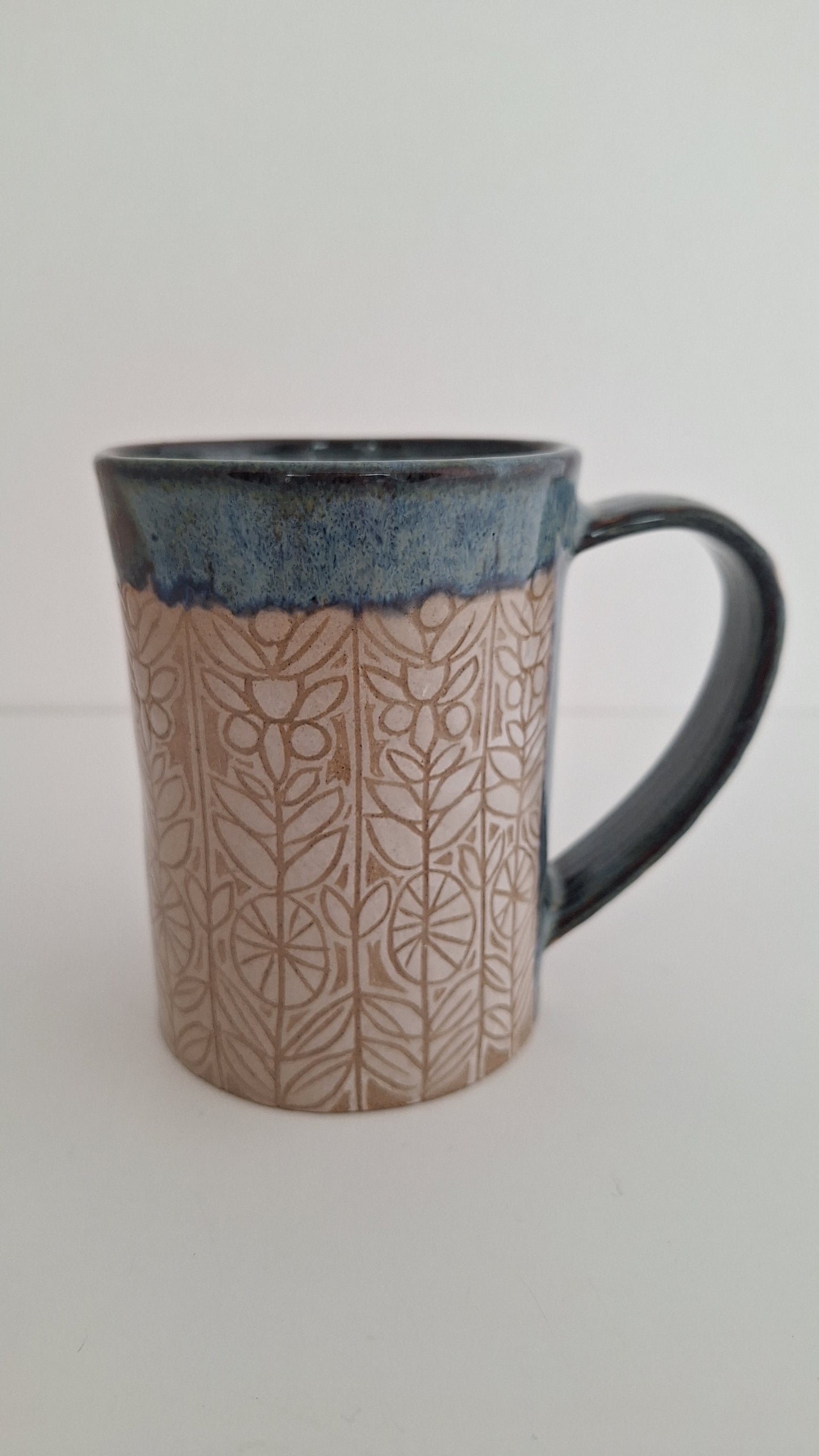 Hand Carved Botanical Stoneware Mug – Woodland Floral - One of a Kind Sgraffito Mug