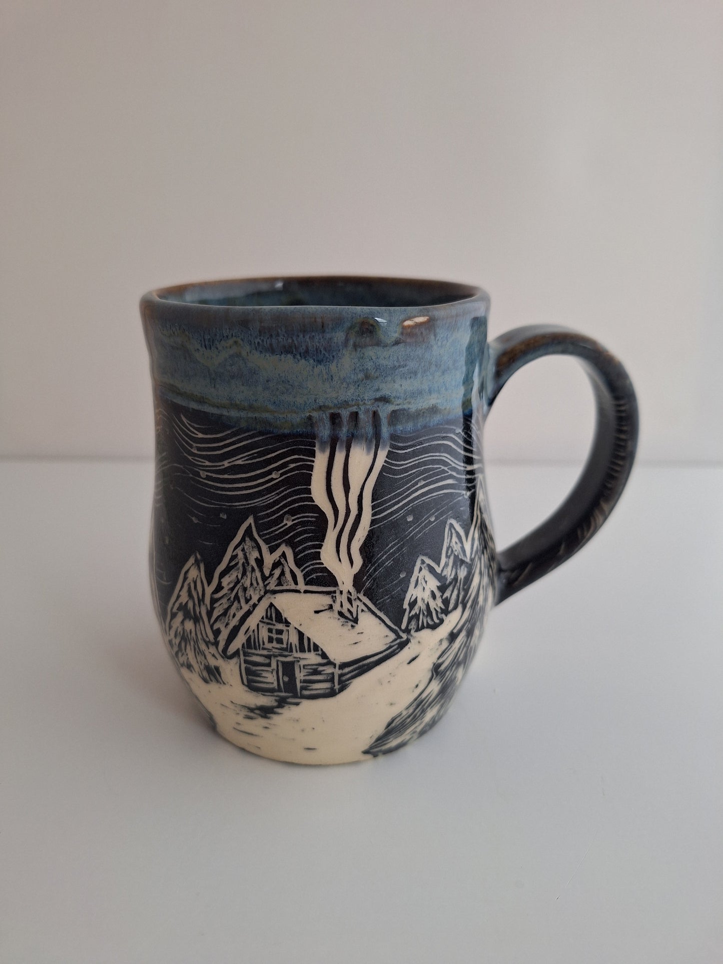 Hand-carved Snowy Cabin Mug