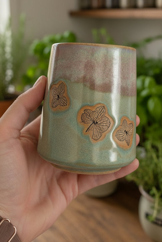 Hydrangea Tumbler - Hand Pressed Botanical Stoneware Mug – One of a Kind Handmade Mulled Wine cup
