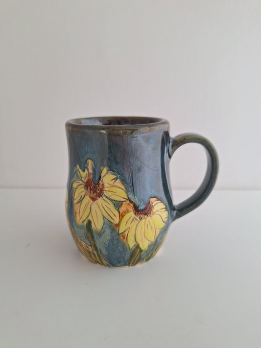 Hand Carved Botanical Stoneware Mug – Sunflowers - One of a Kind Sgraffito Mug