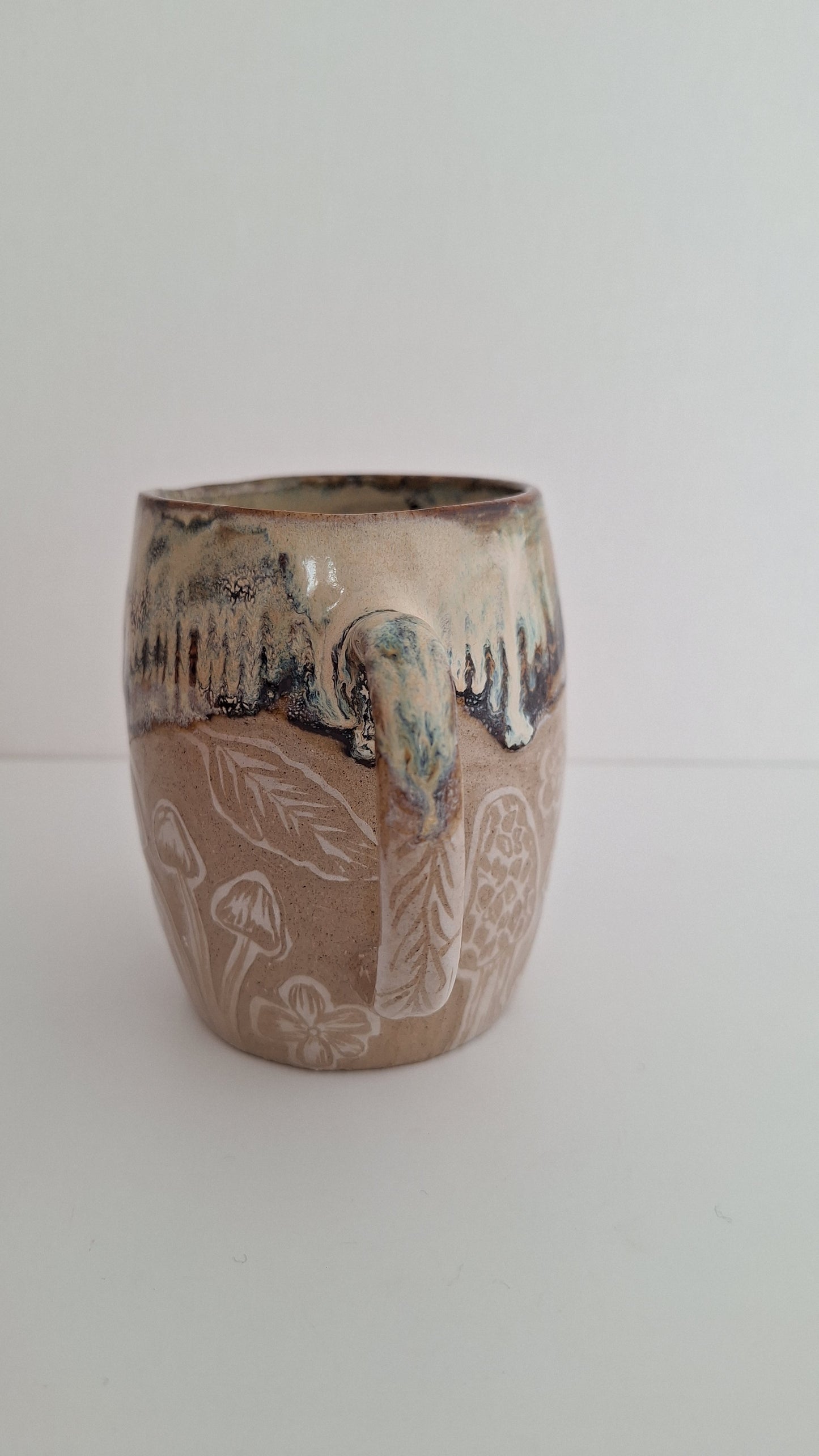 Hand Carved Botanical Stoneware Mug – Woodland Treasures - One of a Kind Sgraffito Mug