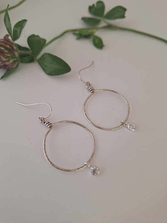Hammered Hoop Earrings with gems - sterling