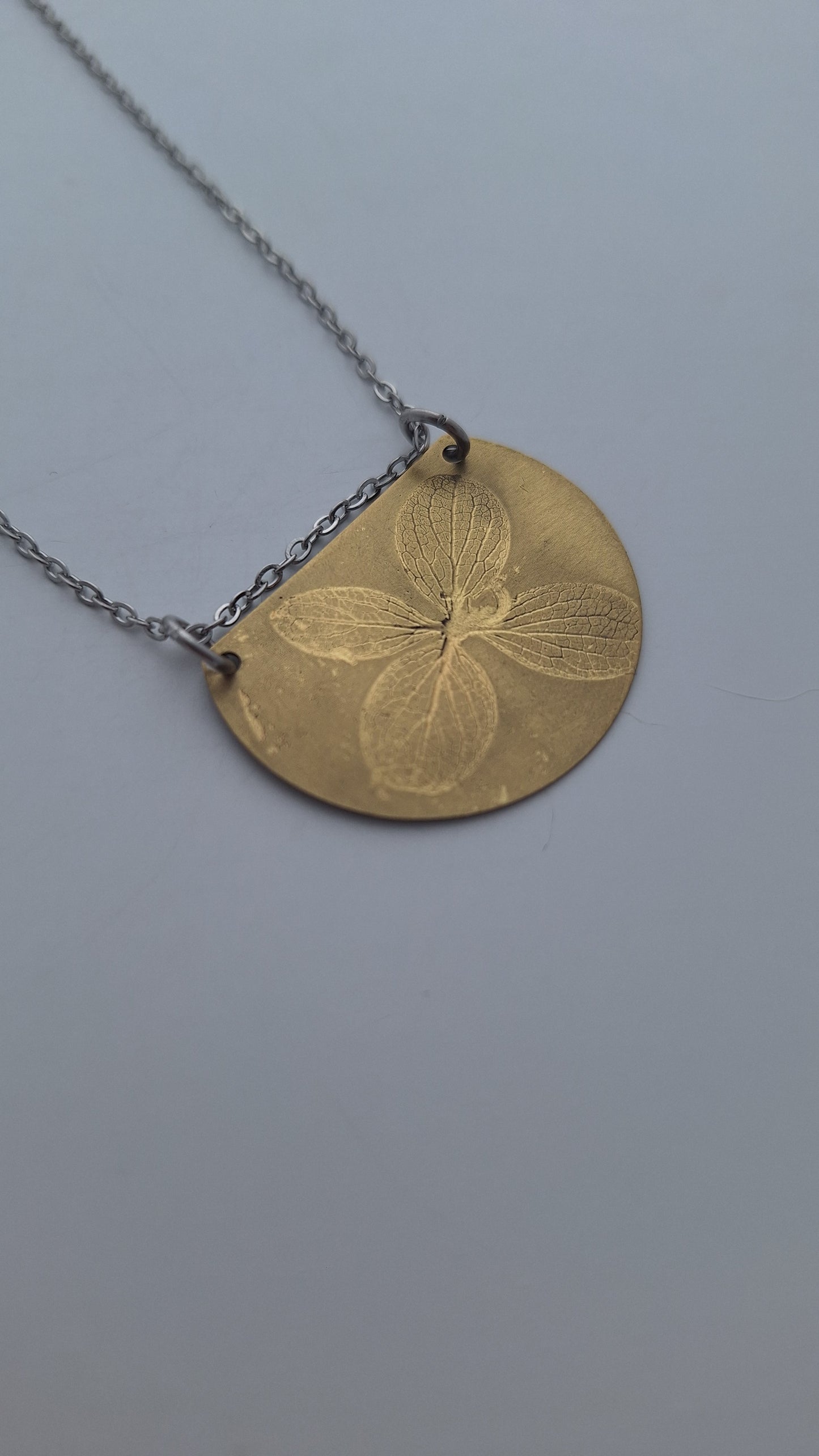 Pressed Hydrangea Brass Necklace — Botanical Imprint (One of a Kind)