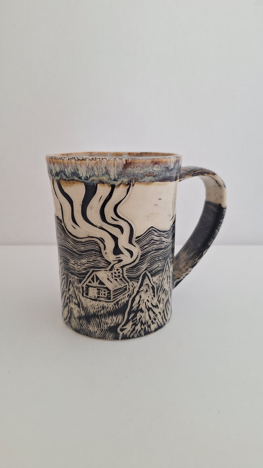 Endless Mountains - Hand Carved Botanical Stoneware Mug - One of a Kind Sgraffito Mug