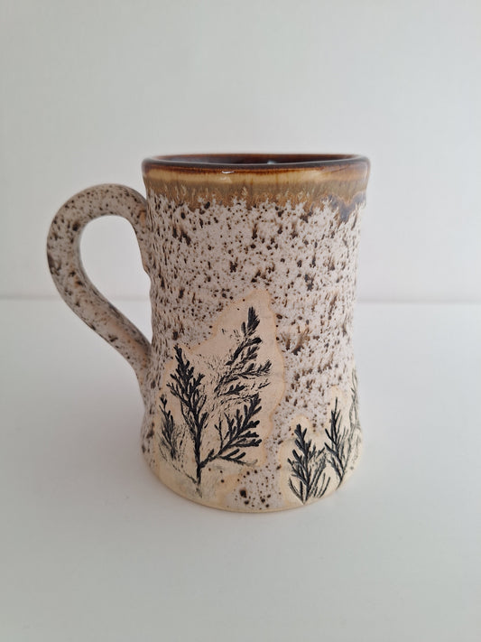 Hand Pressed Botanical Stoneware Mug – Juniper, One of a Kind Handmade Mug