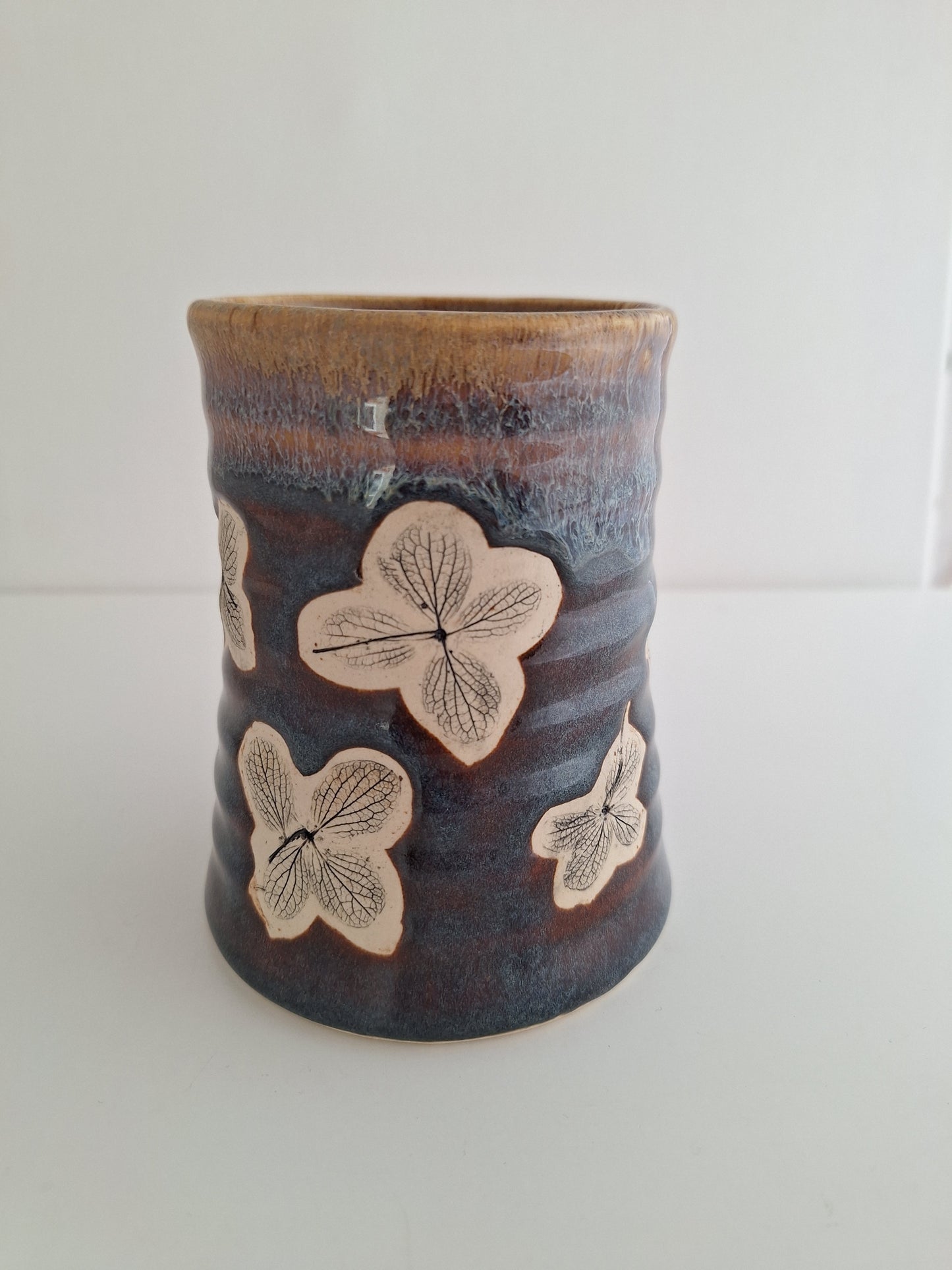 Hand Pressed Botanical Stoneware Mug – Hydrangeas, One of a Kind Handmade Mug
