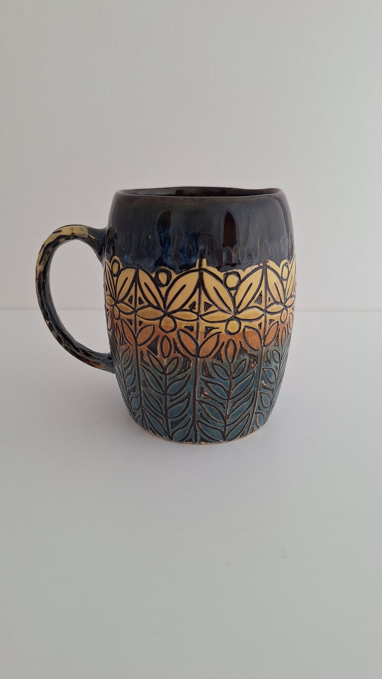 Hand Carved Botanical Stoneware Mug – Folk Pattern Sgraffito Pottery, One of a Kind Handmade Mug