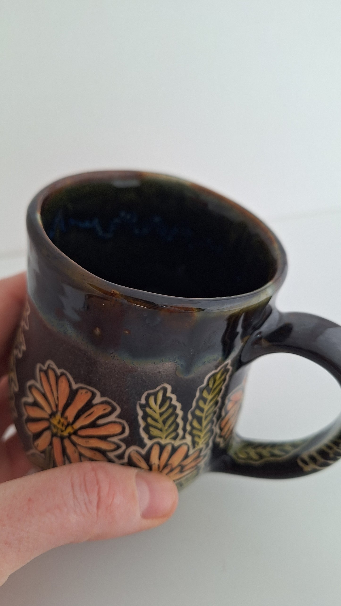 Hand Carved Botanical Stoneware Mug – Sunflowers, Cosmos & Ferns, One of a Kind