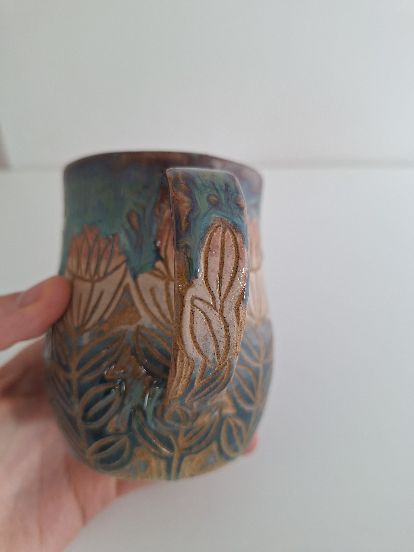 Hand Carved Botanical Stoneware Mug – Tulip Floral - One of a Kind Sgraffito Mug
