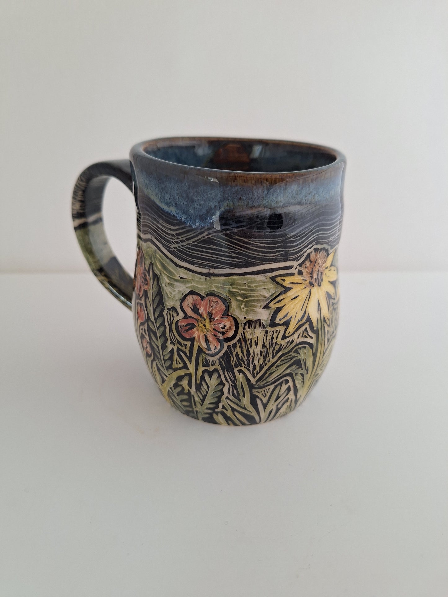 Hand Carved Botanical Stoneware Mug – Greenhouse - One of a Kind Sgraffito Mug