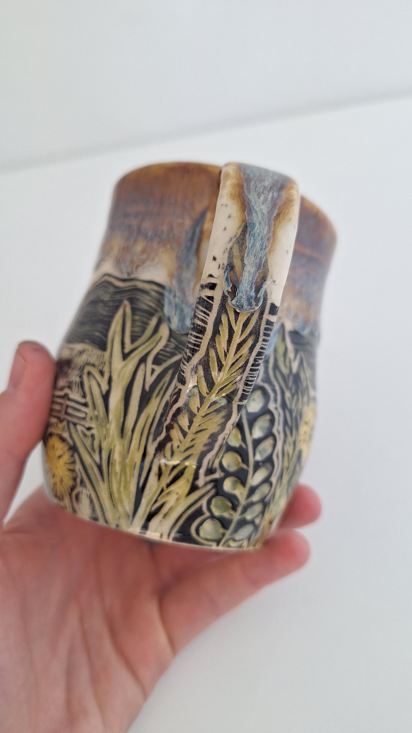 Hand Carved Botanical Stoneware Mug – Barn & Farm Field - One of a Kind Sgraffito Mug