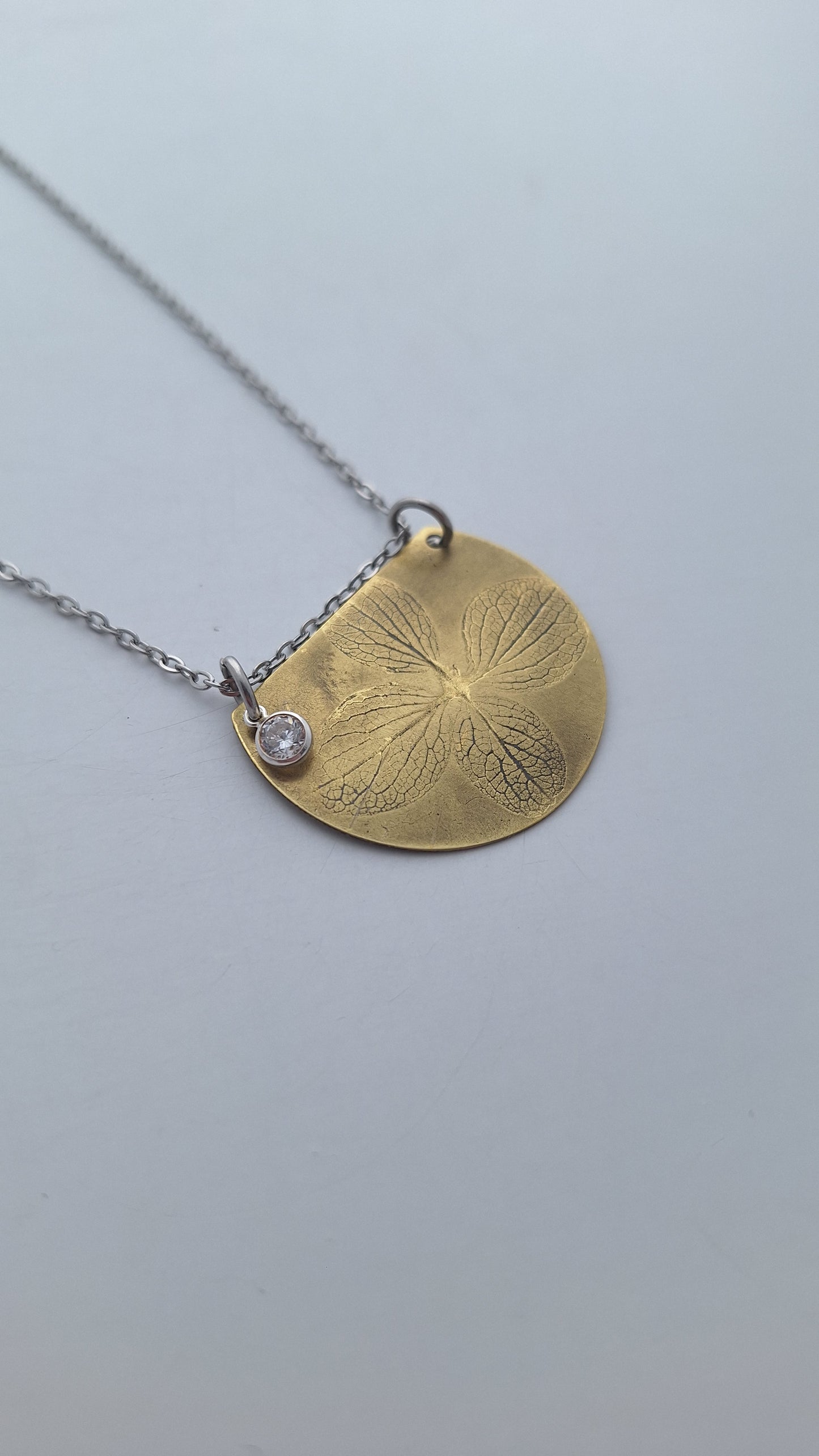 Pressed Hydrangea Brass Necklace — Botanical Imprint (One of a Kind)