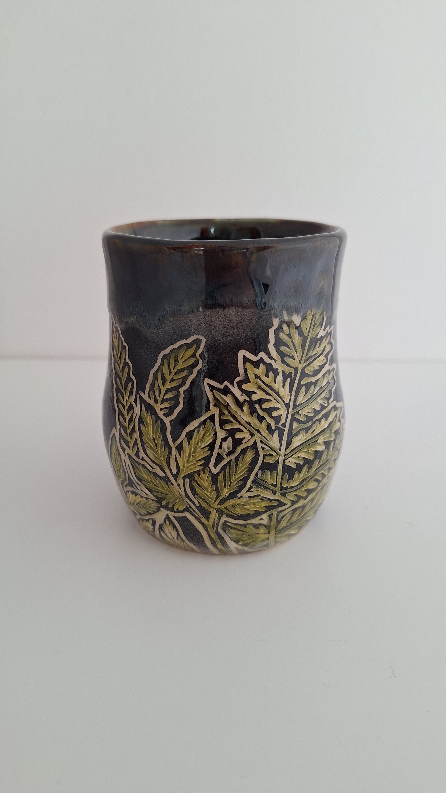 Hand Carved Botanical Stoneware Mug – Sunflowers, Cosmos & Ferns, One of a Kind