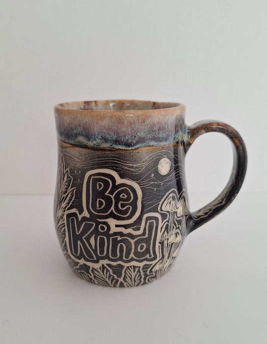 Hand Carved Botanical Stoneware Mug – Be Kind, mushrooms, morels - One of a Kind Sgraffito Mug
