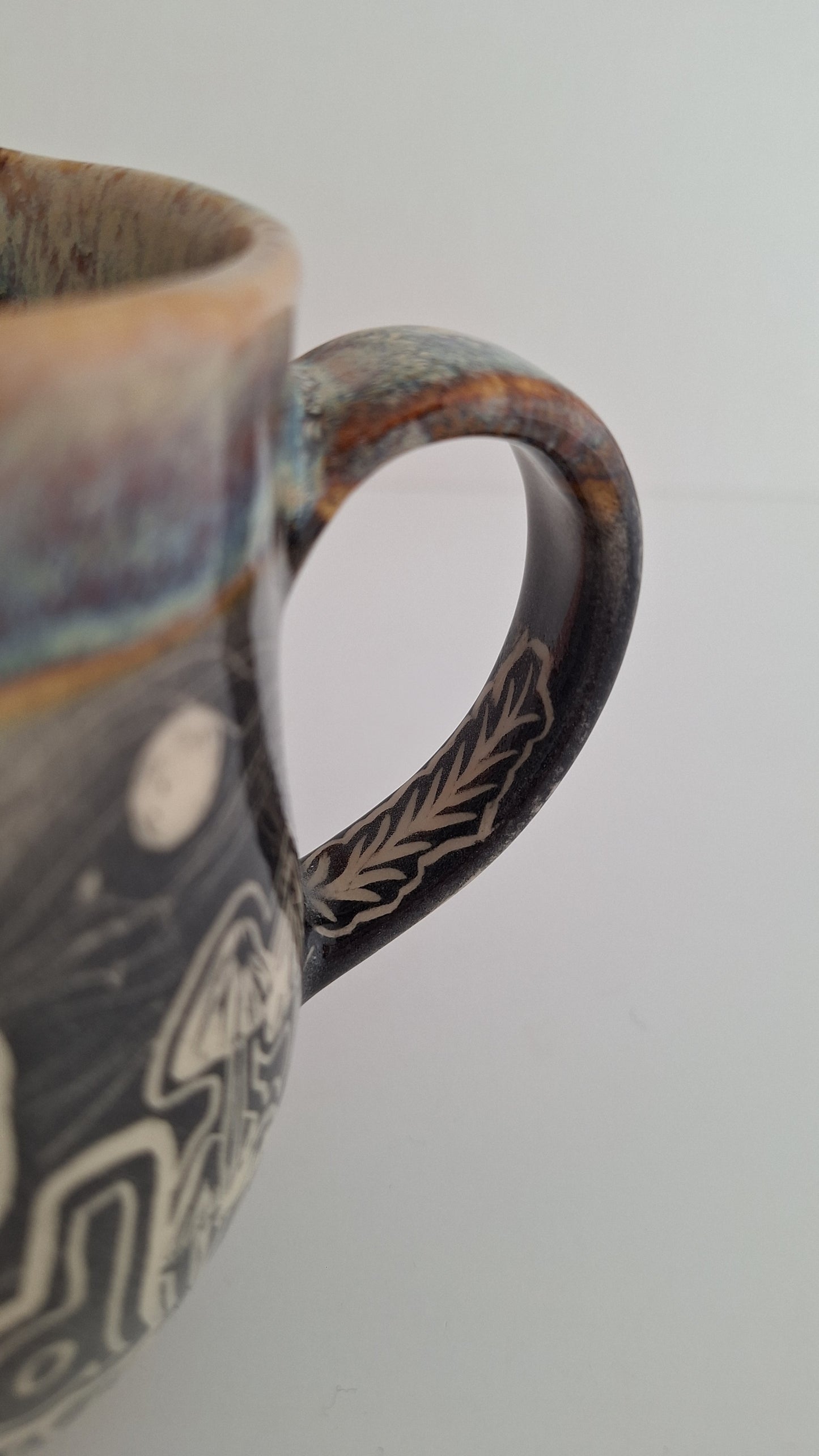 Hand Carved Botanical Stoneware Mug – Be Kind, mushrooms, morels - One of a Kind Sgraffito Mug