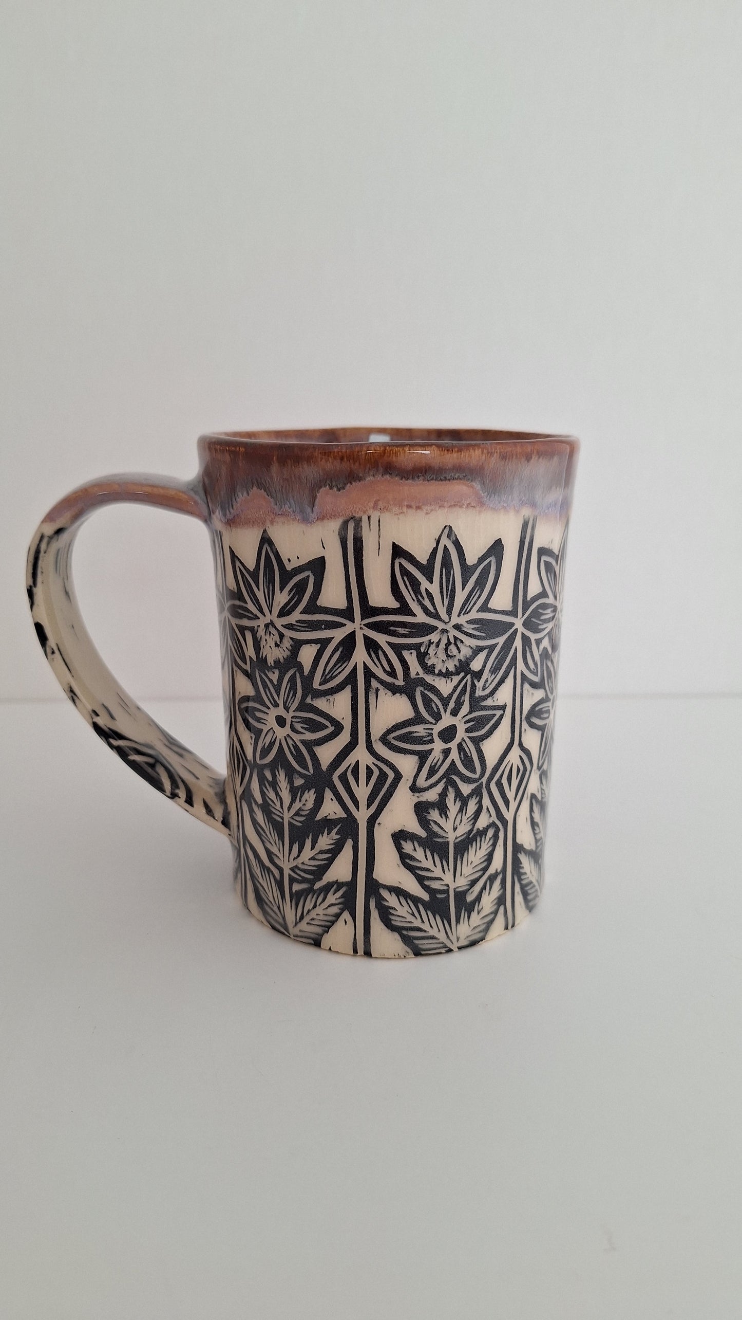 Hand Carved Botanical Stoneware Mug – Echinacea,  Ferns - One of a Kind Sgraffito Mug
