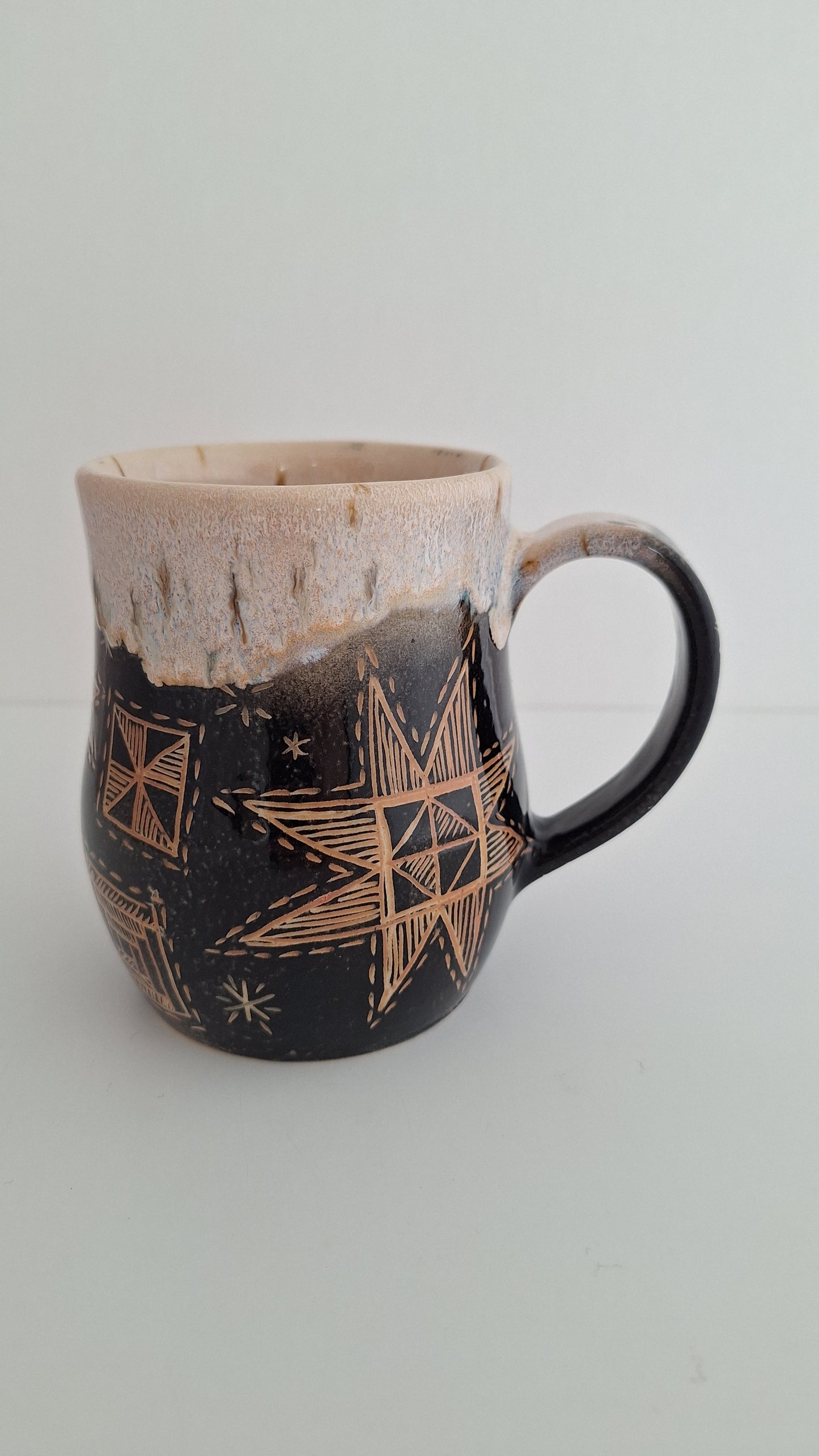 *Second* Hand Carved Stoneware Mug – Simple Things, Quilt blocks - One of a Kind Sgraffito Mug