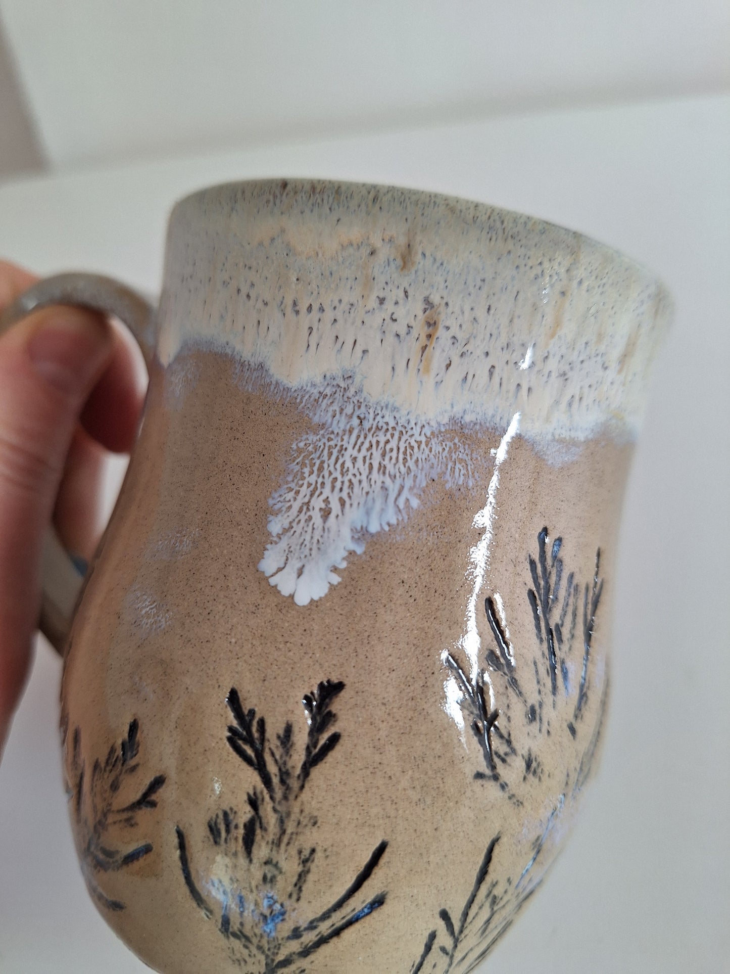 Hand Pressed Botanical Stoneware Mug – Juniper, One of a Kind Handmade Mug
