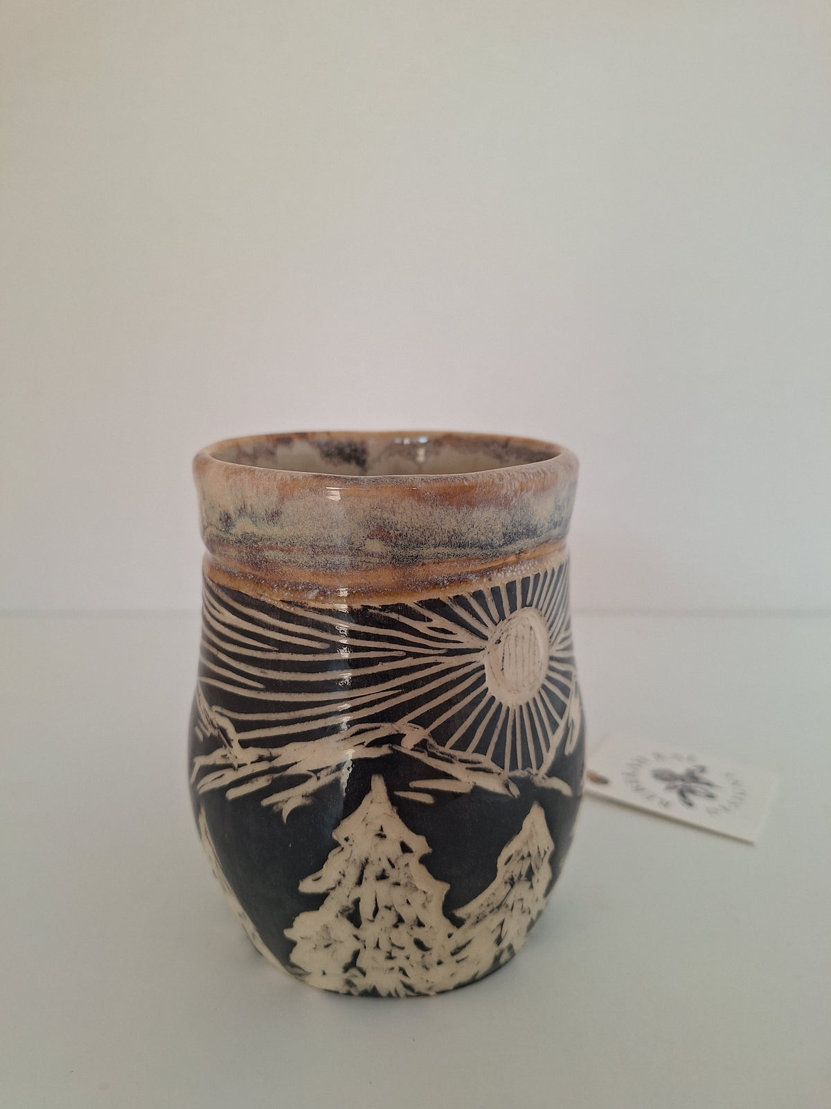 Sunrise Mountain Mug - Hand Carved Botanical Stoneware - Sgraffito