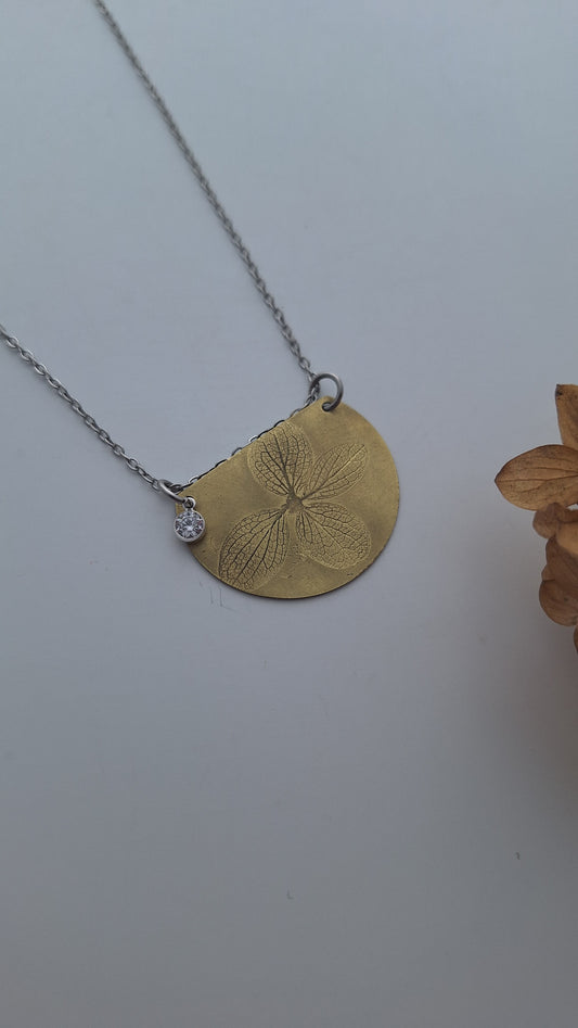 Pressed Hydrangea Brass Necklace — Botanical Imprint (One of a Kind)