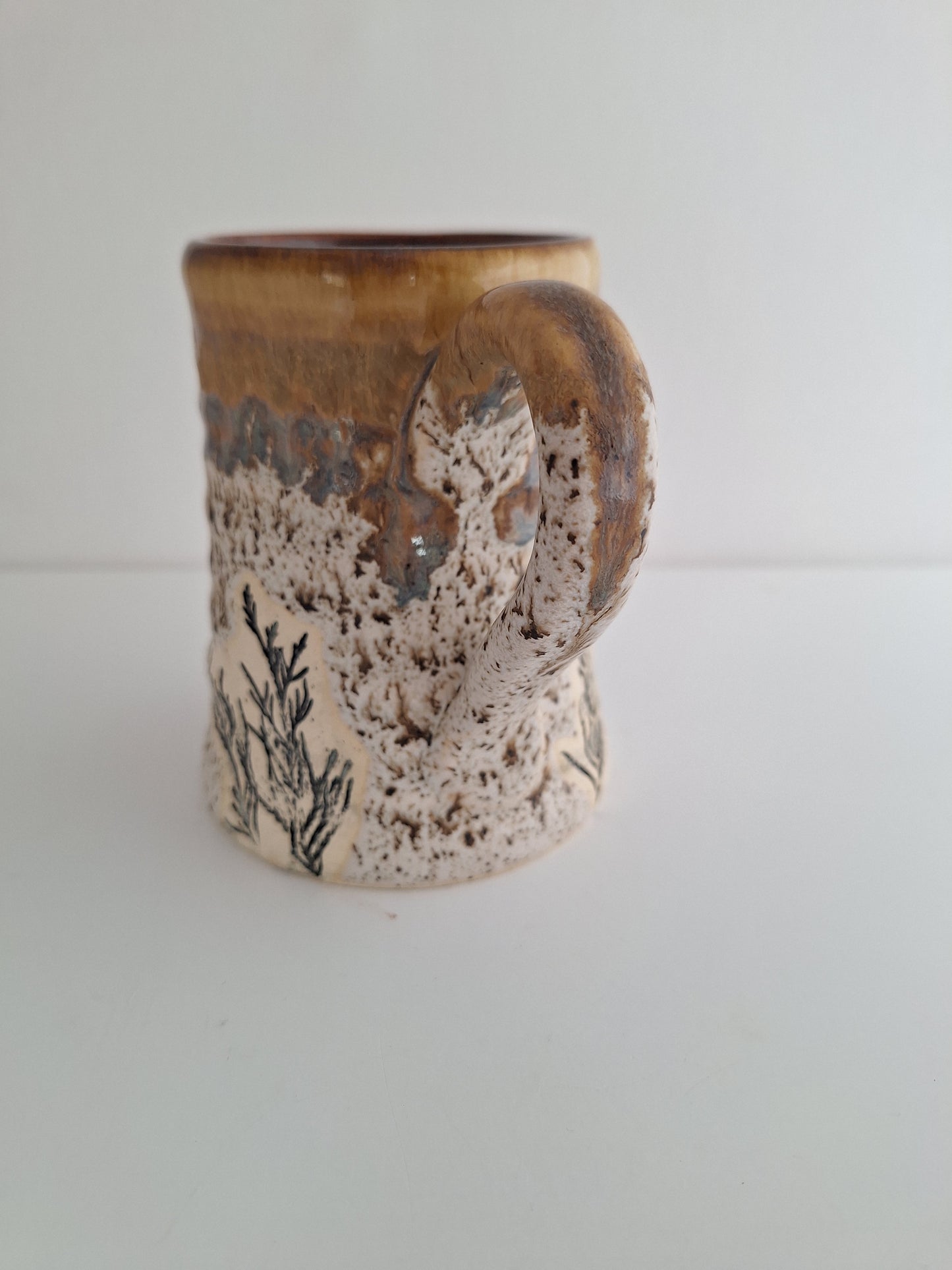 Hand Pressed Botanical Stoneware Mug – Juniper, One of a Kind Handmade Mug