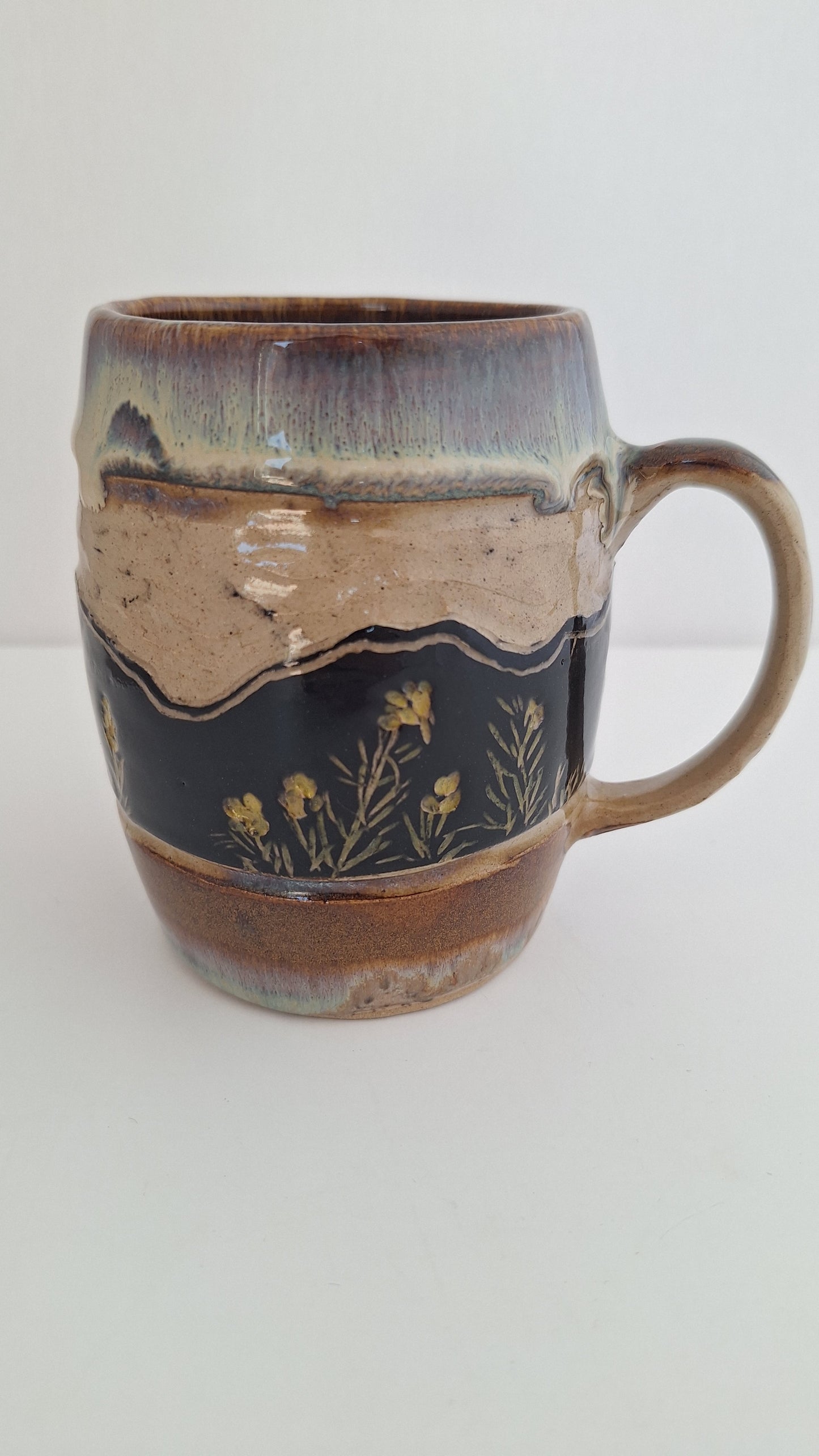 Hand Carved Botanical Stoneware Mug – Mountain Flowers - One of a Kind Sgraffito Mug