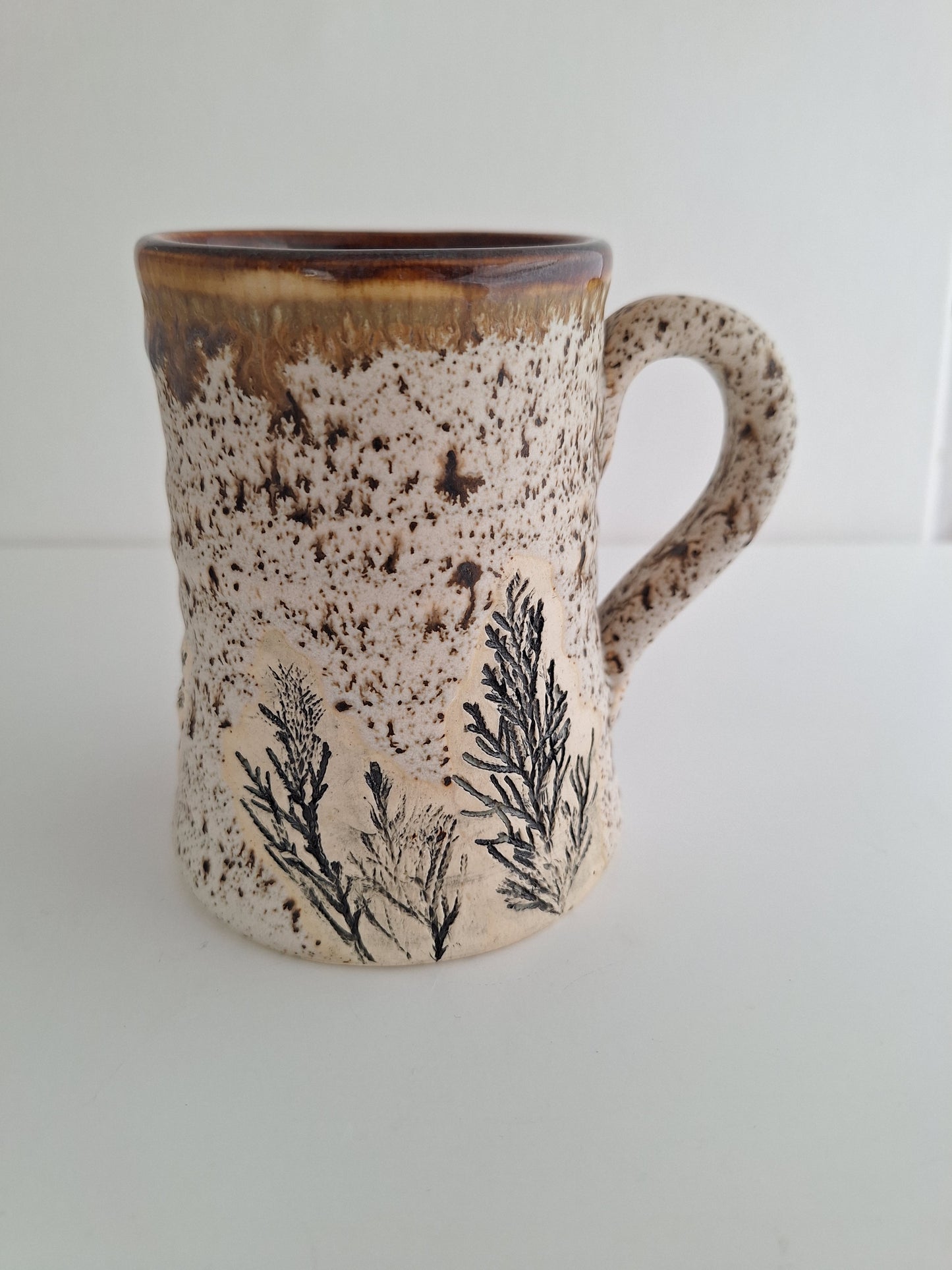 Hand Pressed Botanical Stoneware Mug – Juniper, One of a Kind Handmade Mug