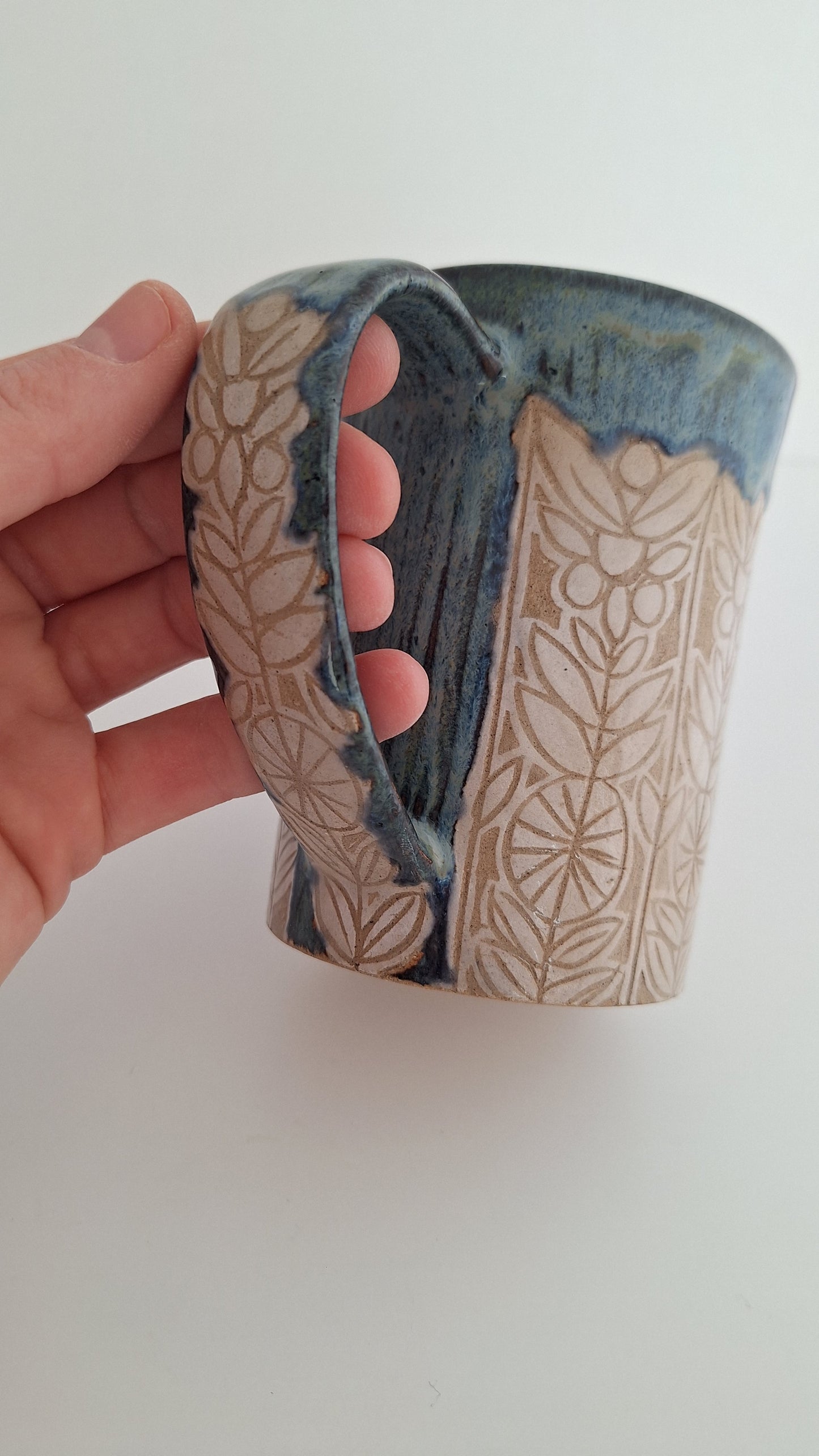 Hand Carved Botanical Stoneware Mug – Woodland Floral - One of a Kind Sgraffito Mug