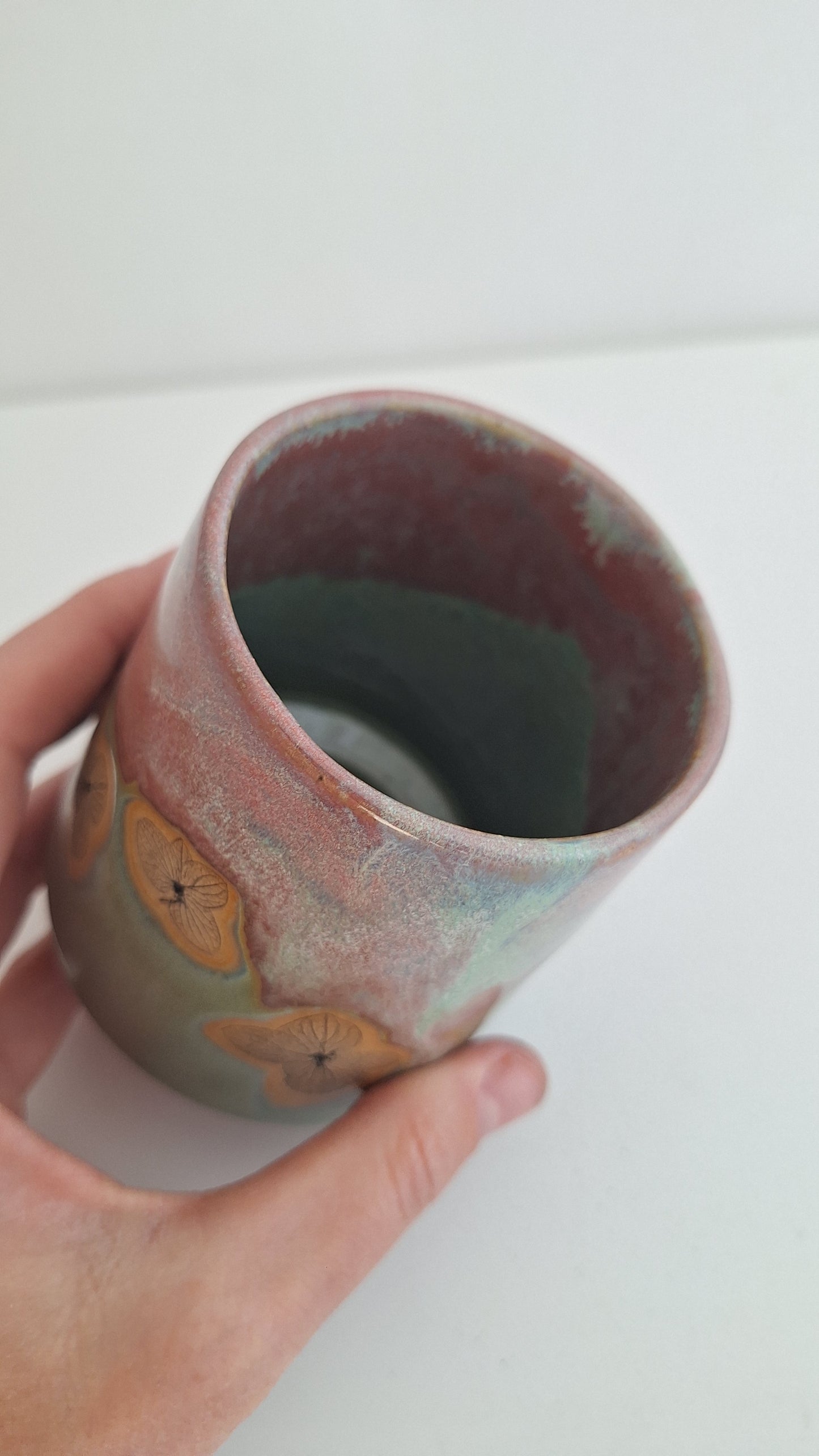 Hydrangea Tumbler - Hand Pressed Botanical Stoneware Mug – One of a Kind Handmade Mulled Wine cup