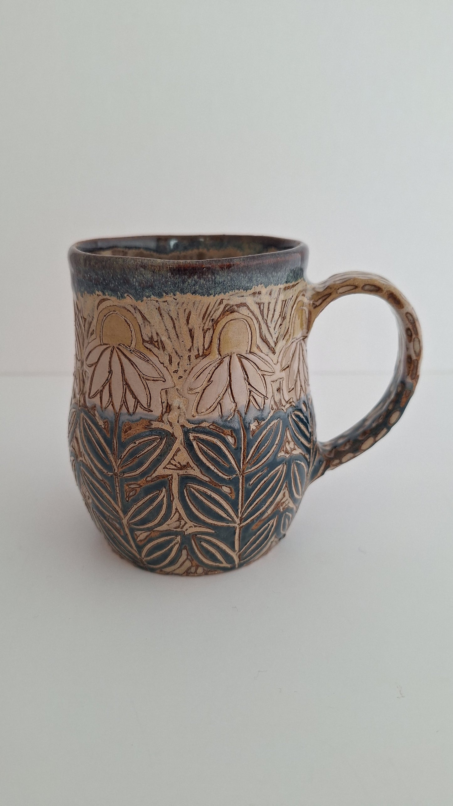 Hand Carved Botanical Stoneware Mug – Echinacea, Coneflowers - One of a Kind Sgraffito Mug