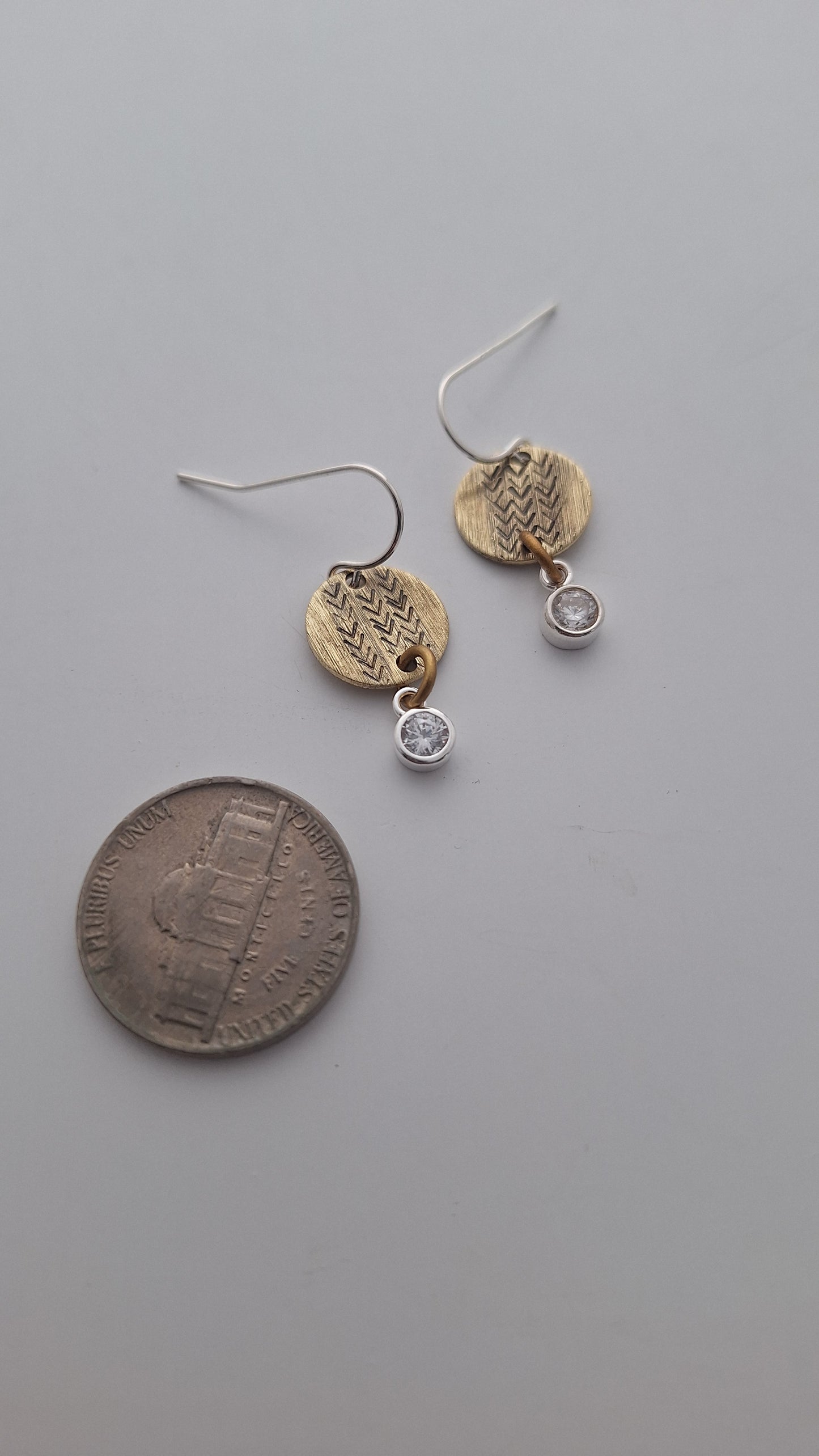 Patina Brass Textured Earrings with White Gemstones — Sterling Silver Ear Wires