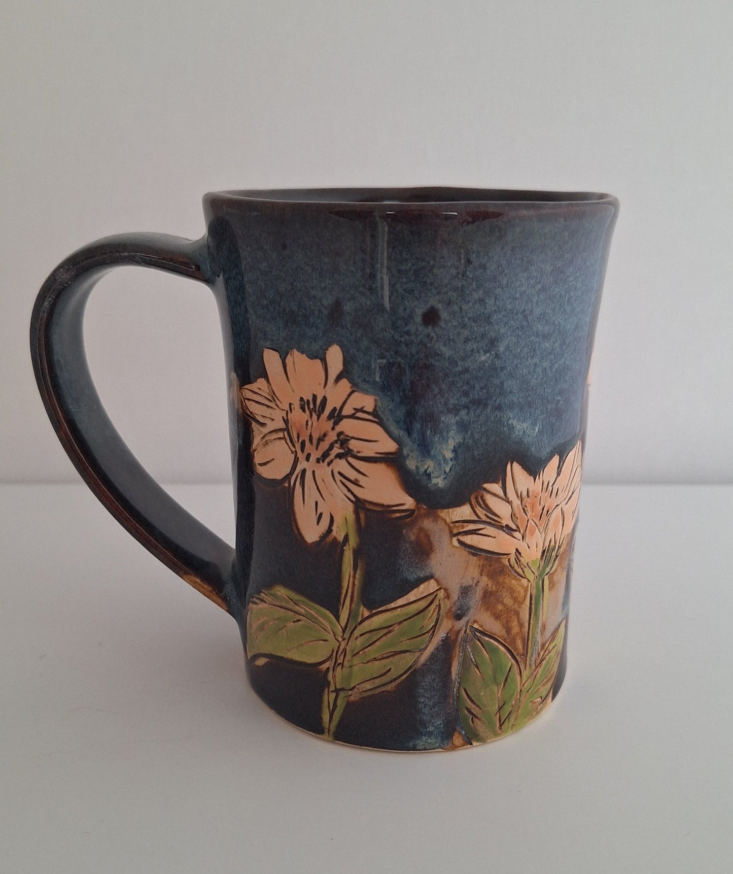 Hand Carved Botanical Stoneware Mug – Cosmo Floral - One of a Kind Sgraffito Mug