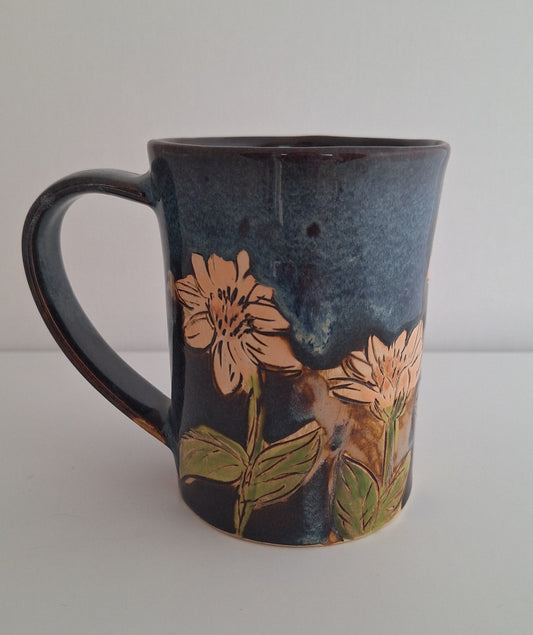 Hand Carved Botanical Stoneware Mug – Cosmo Floral - One of a Kind Sgraffito Mug