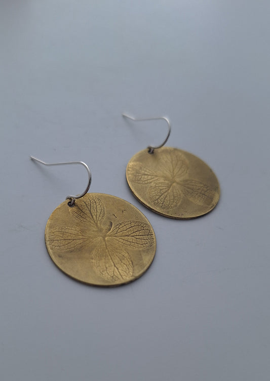 Pressed Hydrangea Brass Earrings — Botanical Imprint (One of a Kind)