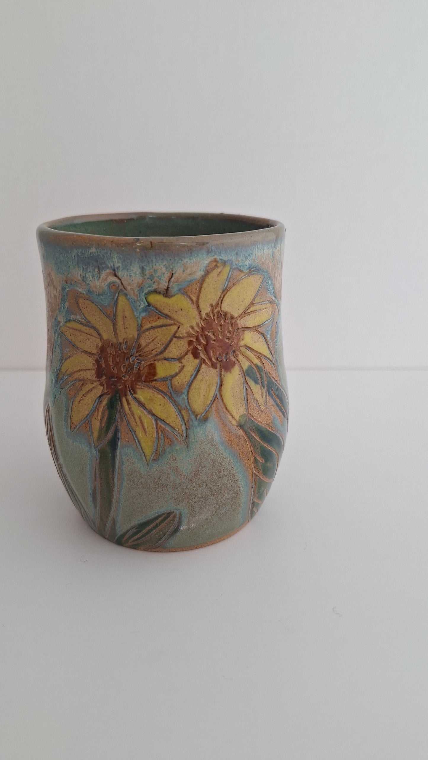 Hand Carved Botanical Stoneware Mug – Sunflowers - One of a Kind Sgraffito Mug