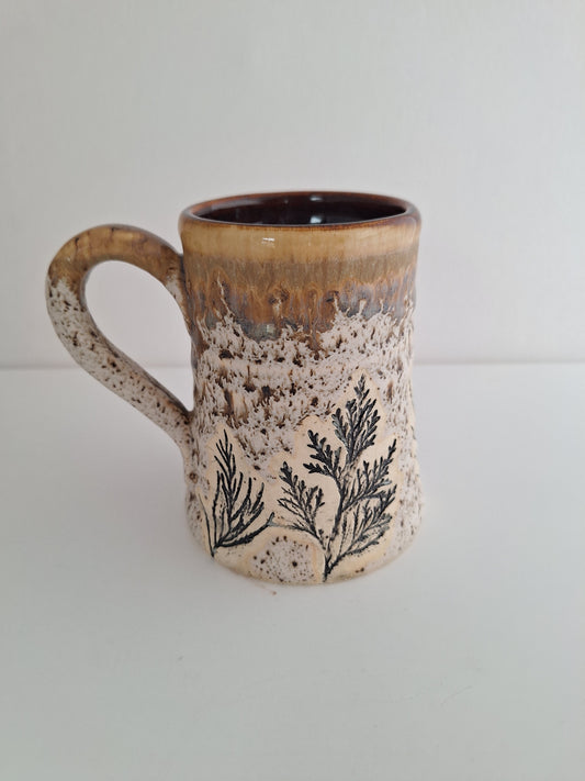 Hand Pressed Botanical Stoneware Mug – Juniper, One of a Kind Handmade Mug