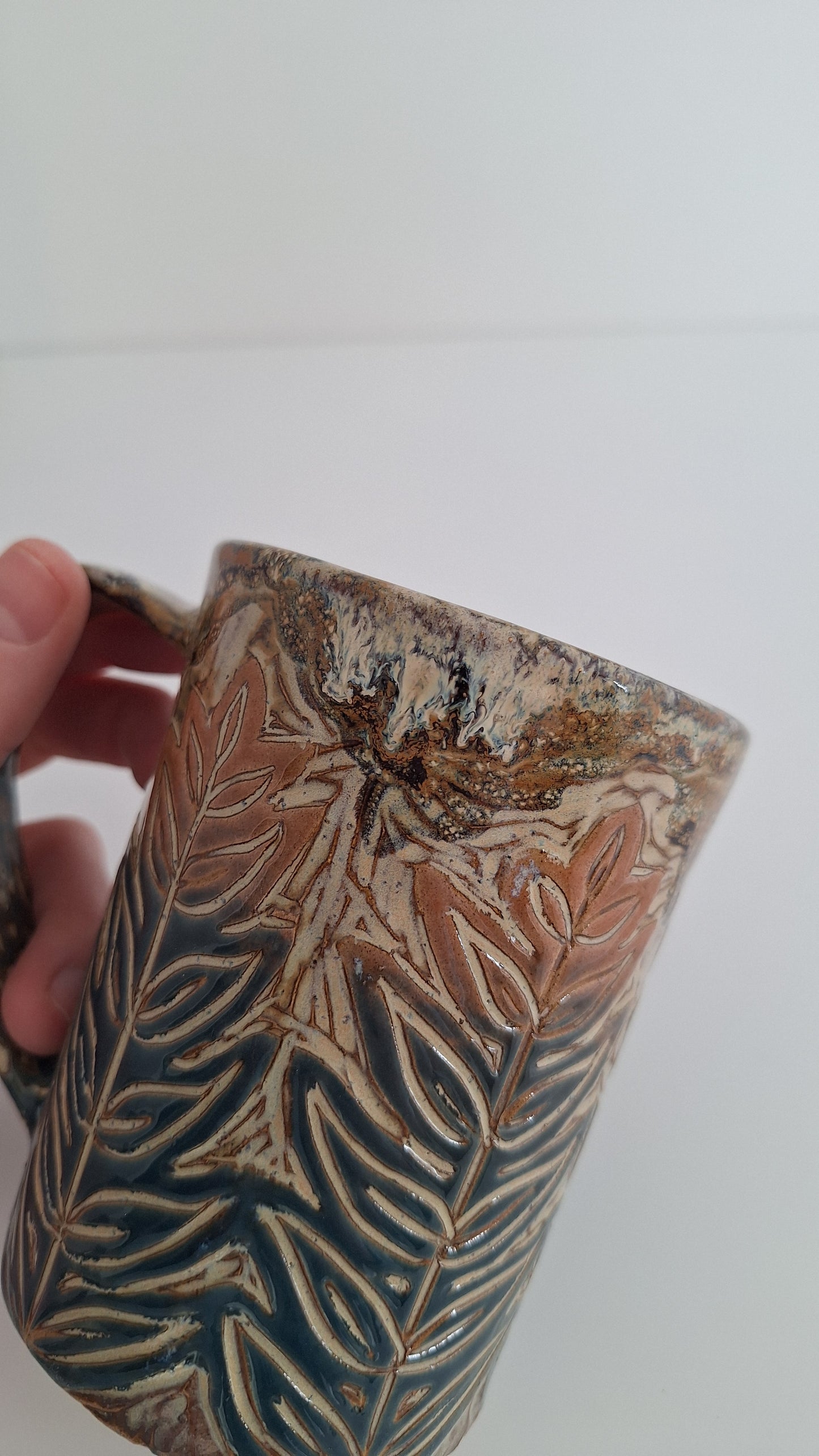 Hand Carved Botanical Stoneware Mug – Mountain Fern - One of a Kind Sgraffito Mug