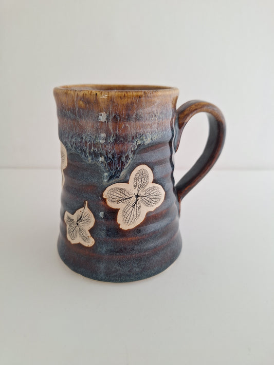 Hand Pressed Botanical Stoneware Mug – Hydrangeas, One of a Kind Handmade Mug