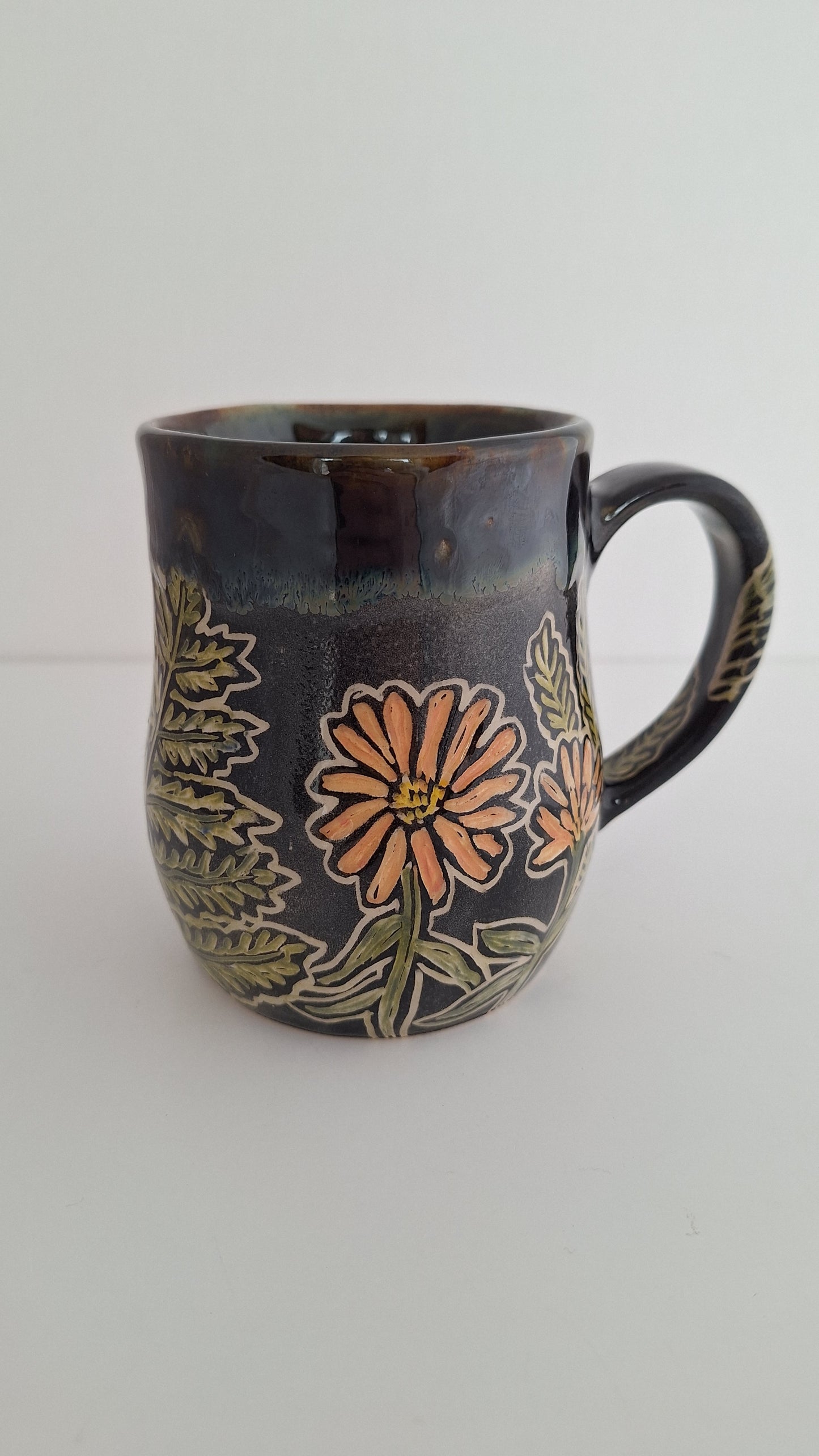 Hand Carved Botanical Stoneware Mug – Sunflowers, Cosmos & Ferns, One of a Kind