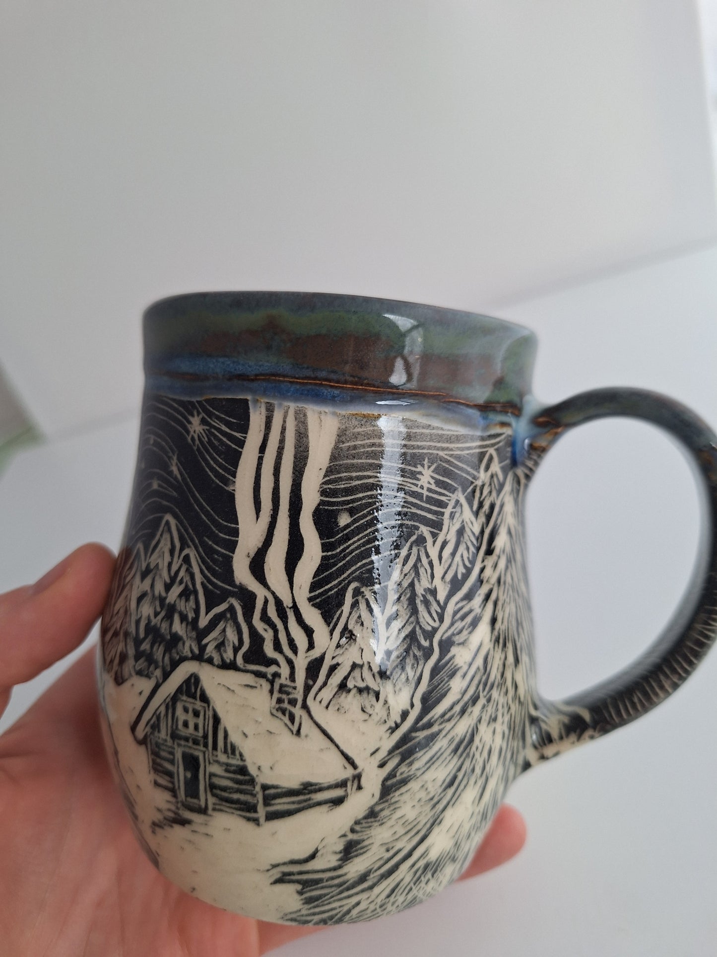 Hand-carved Snowy Cabin Mug