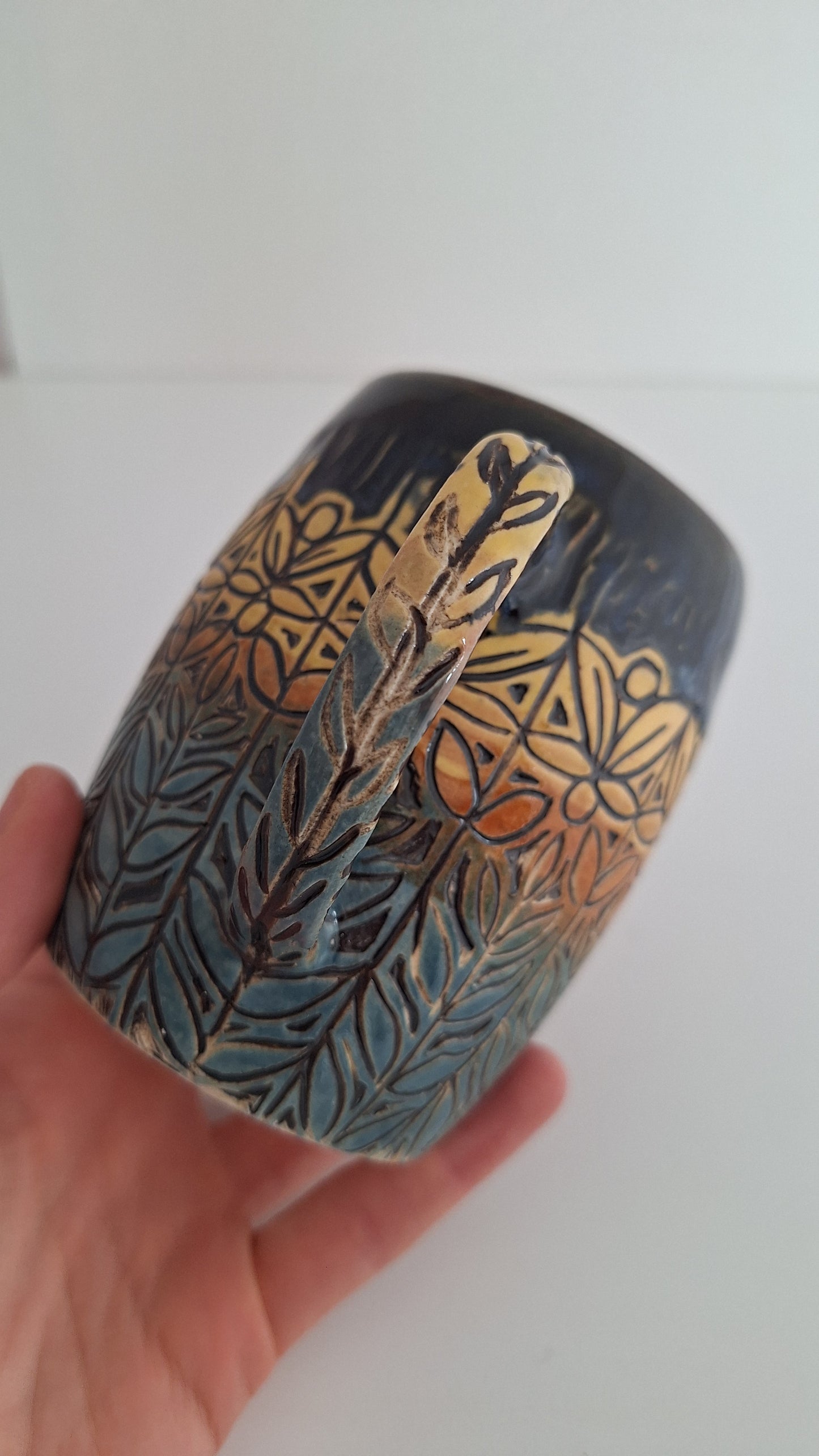 Hand Carved Botanical Stoneware Mug – Folk Pattern Sgraffito Pottery, One of a Kind Handmade Mug