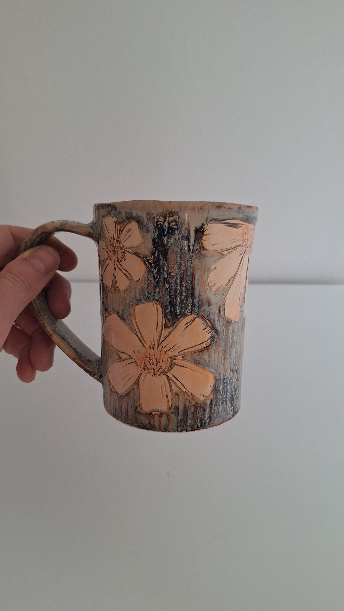 Hand Carved Botanical Stoneware Mug – Cosmo Floral - One of a Kind Sgraffito Mug