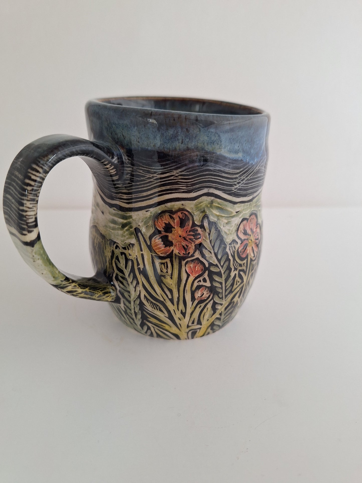 Hand Carved Botanical Stoneware Mug – Greenhouse - One of a Kind Sgraffito Mug