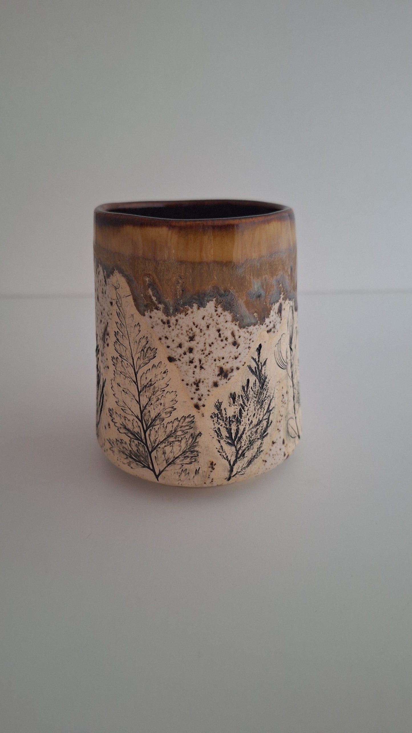 Botanical Imprint Stemless Wine Cup — One of a Kind Stoneware Tumbler - #2