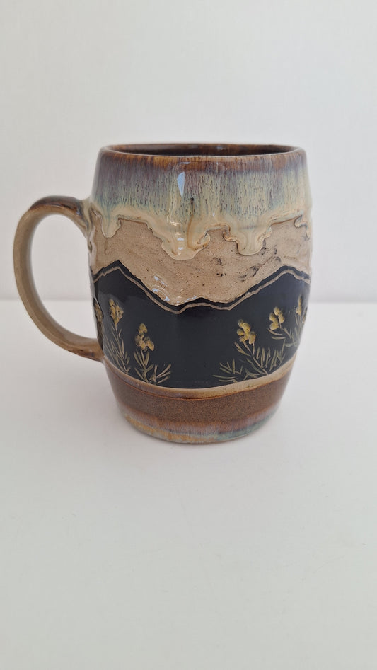 Hand Carved Botanical Stoneware Mug – Mountain Flowers - One of a Kind Sgraffito Mug