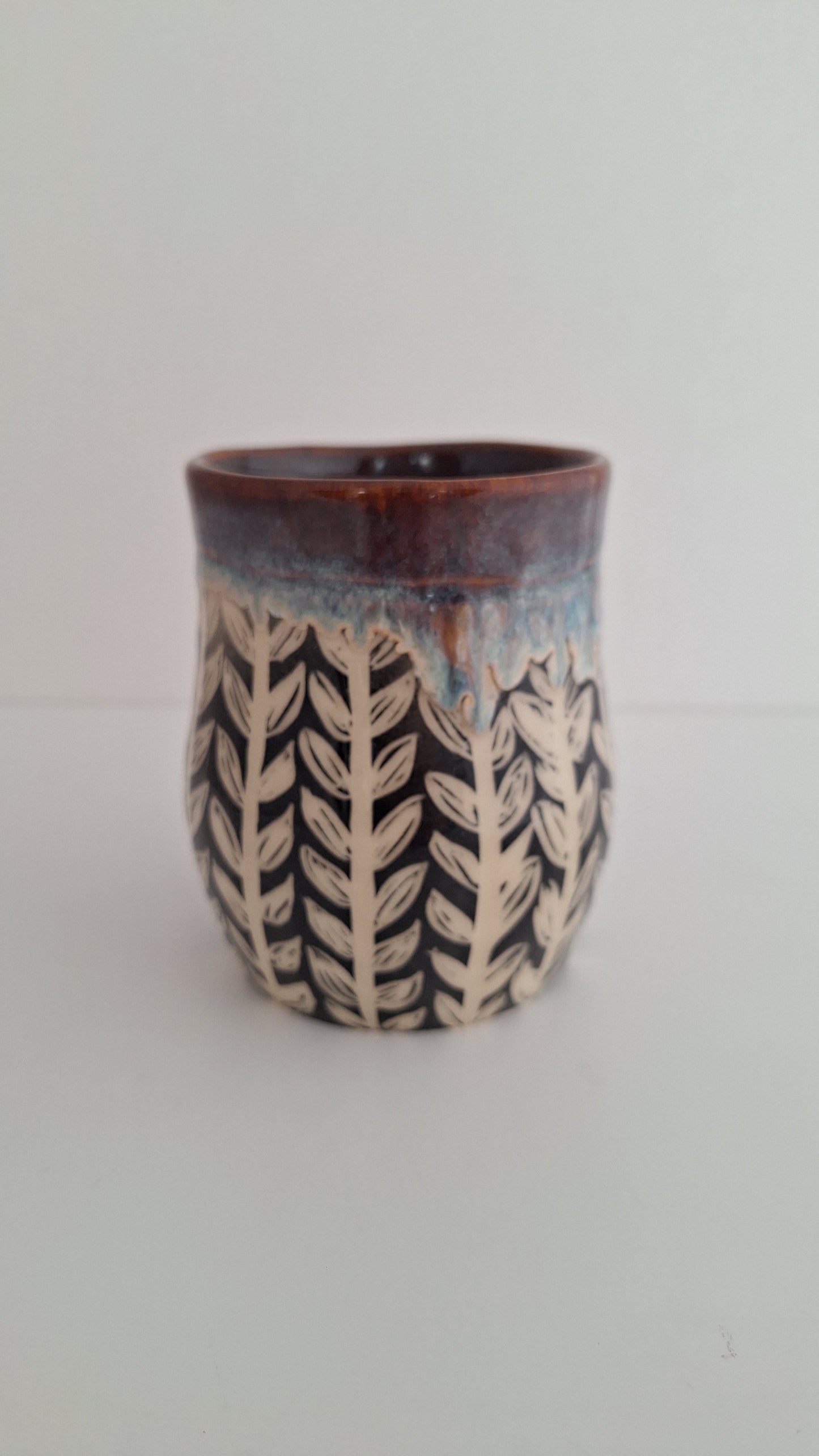 Hand Carved Botanical Stoneware Mug – Honeysuckle Vines - One of a Kind Sgraffito Mug
