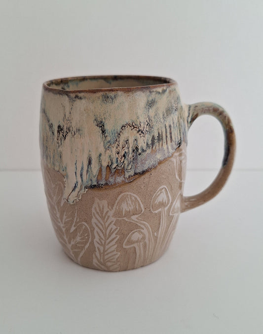 Hand Carved Botanical Stoneware Mug – Woodland Treasures - One of a Kind Sgraffito Mug