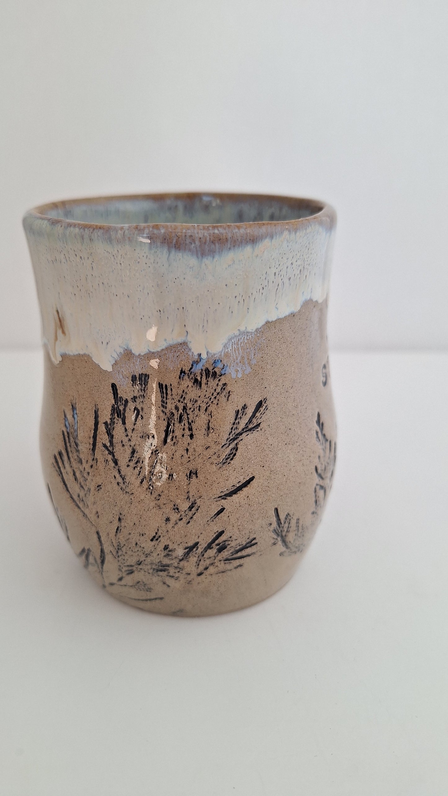 Be Still - Hand Pressed Botanical Stoneware Mug Juniper, One of a Kind Handmade Mug