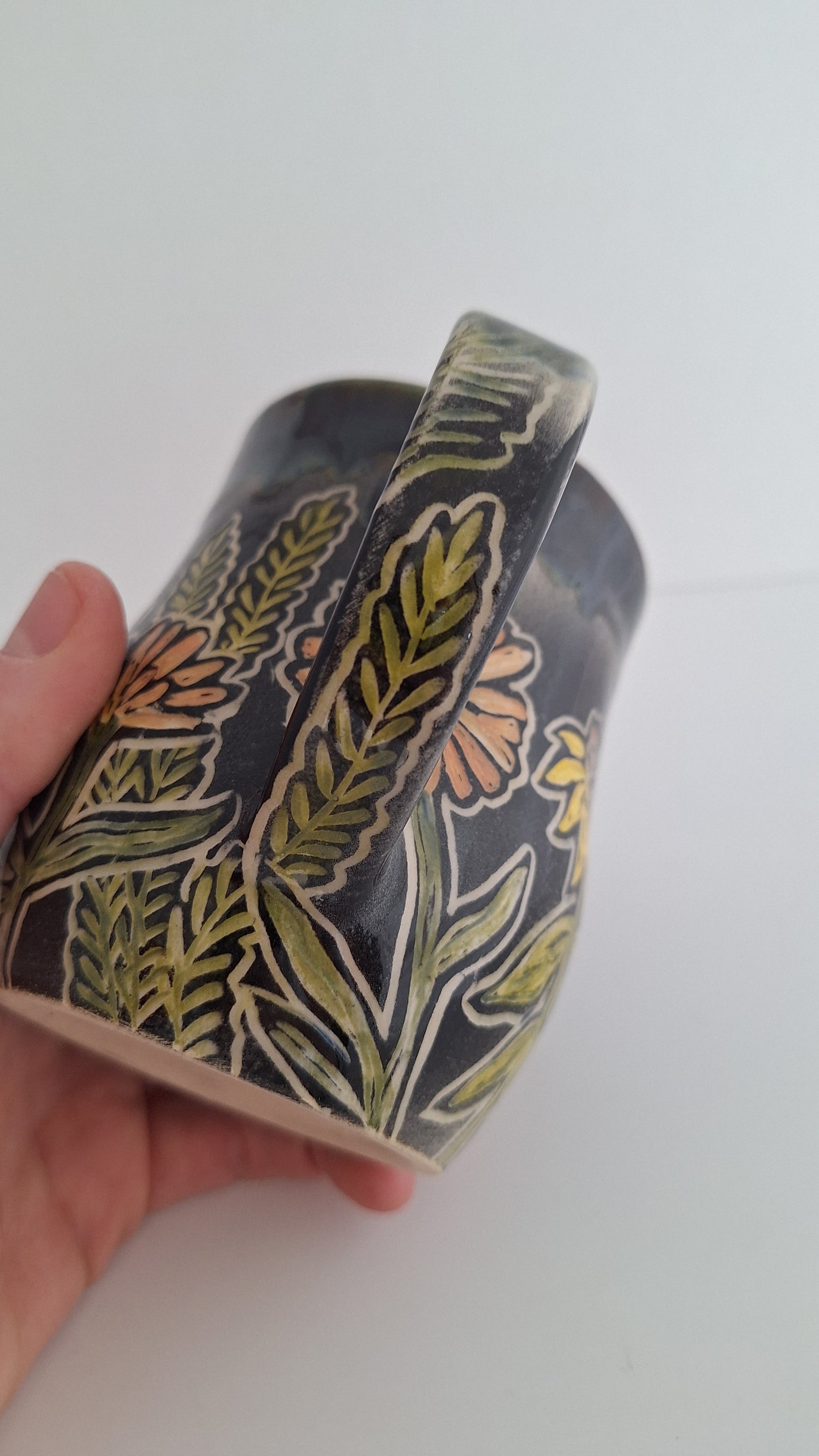 Hand Carved Botanical Stoneware Mug – Sunflowers, Cosmos & Ferns, One of a Kind