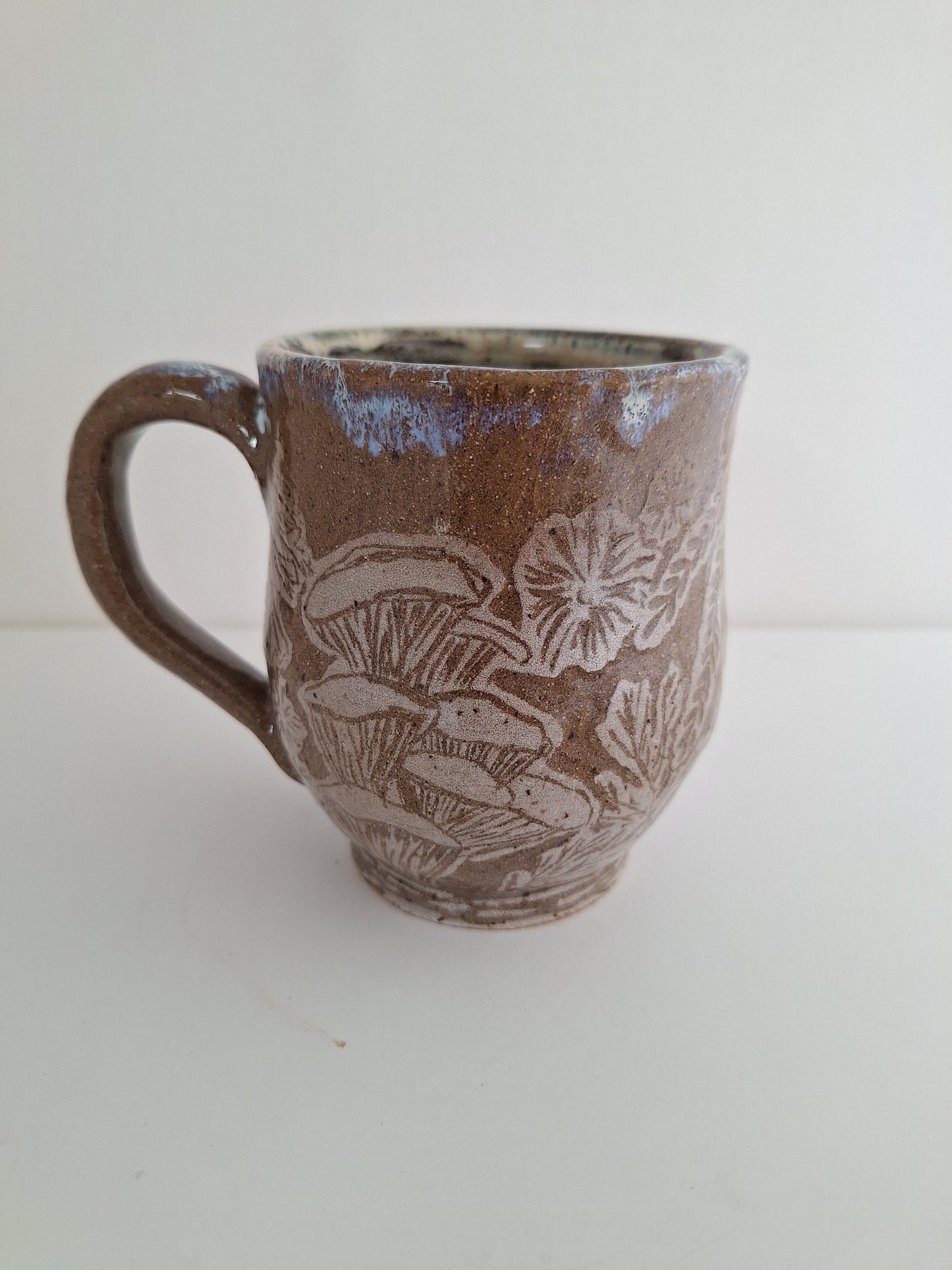 Hand Carved Botanical Stoneware Mug – Mushroom Fern - One of a Kind Sgraffito Mug